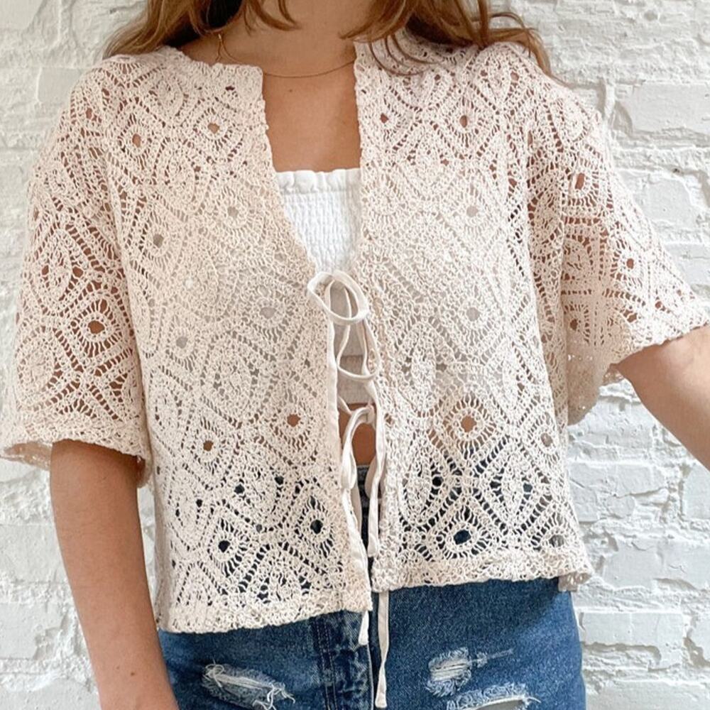 Future Collective Y2K Front Tie Boho Cream Crochet Fairycore Cropped Cardigan